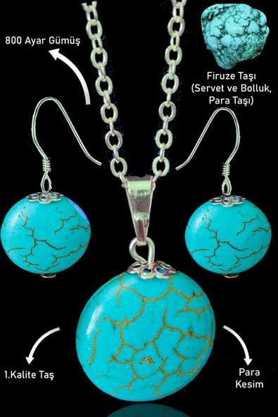Sertifikalı Para Model Firuze Taşı Kolye ve Küpe Seti (Turkuaz Taşı) ürün görseli 1