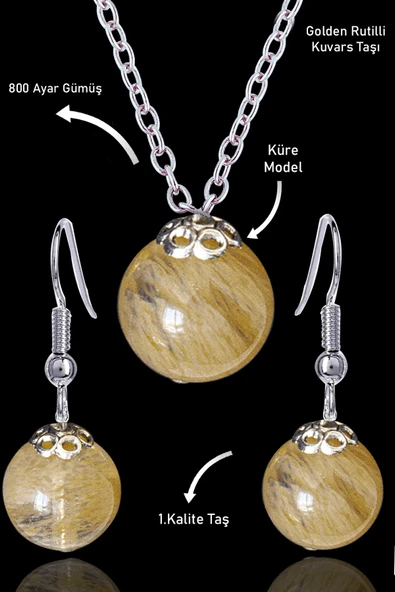 Sertifikalı Küre Model Golden Rutilli Kuvars Taşı Kolye ve Küpe Seti - Gümüş Aparatlı ürün görseli 1