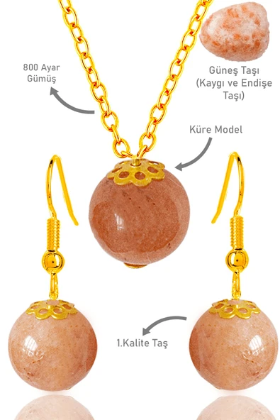 Sertifikalı Gold Küre Model Güneş Taşı Kolye ve Küpe Seti - Gümüş Aparatlı ürün görseli 1