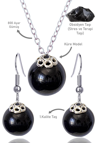 Sertifikalı Küre Model Siyah Obsidyen Taşı Kolye ve Küpe Seti - Gümüş Aparatlı ürün görseli 1