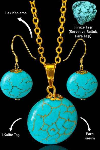 Sertifikalı 24k Altın Kaplama Para Model Firuze Taşı Kolye ve Küpe Seti (Turkuaz Taşı) ürün görseli 1
