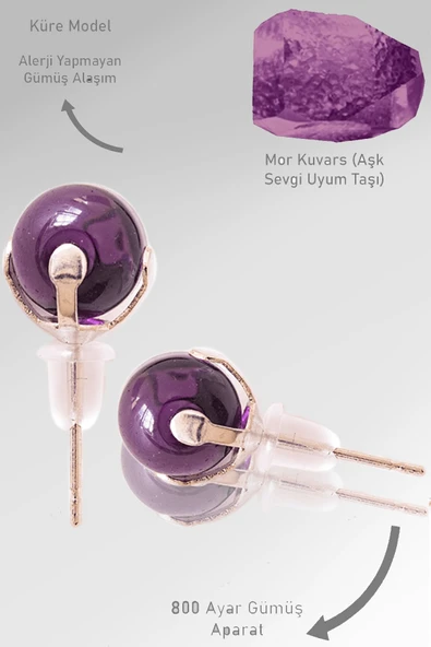 Sertifikalı Gerçek Mor Kuvars Taşı Nokta Doğal Taş Küpe ürün görseli 1