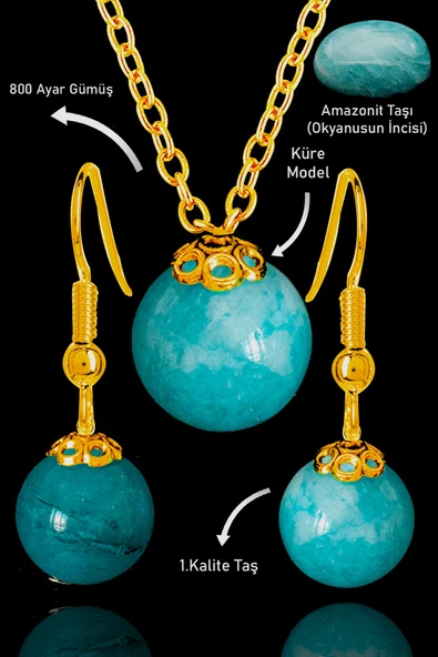 Sertifikalı Gold Küre Model Amazonit Taşı Kolye ve Küpe Seti - Gümüş Aparatlı ürün görseli 1