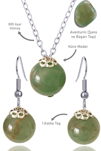 Sertifikalı Küre Model Aventurin Taşı Kolye ve Küpe Seti - Gümüş Aparatlı ürün görseli 1