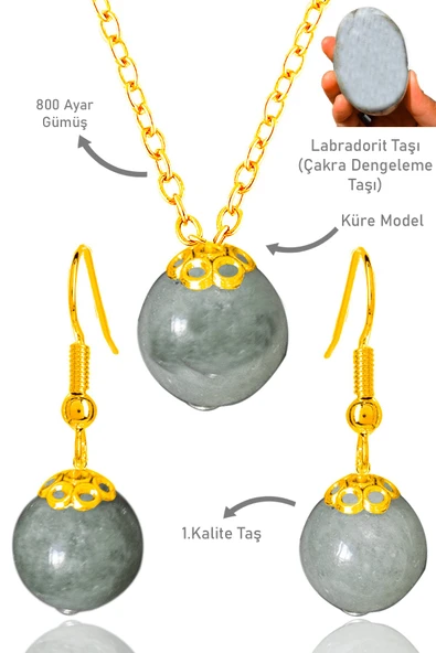 Sertifikalı Gold Küre Model Labradorit Taşı Kolye ve Küpe Seti - Gümüş Aparatlı ürün görseli 1