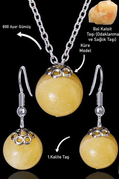 Sertifikalı Küre Model Bal Kalsit Taşı Kolye ve Küpe Seti - Gümüş Aparatlı ürün görseli 1