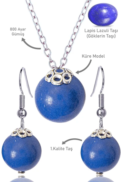 Sertifikalı Küre Model Lapis Lazuli Taşı Kolye ve Küpe Seti - Gümüş Aparatlı ürün görseli 1