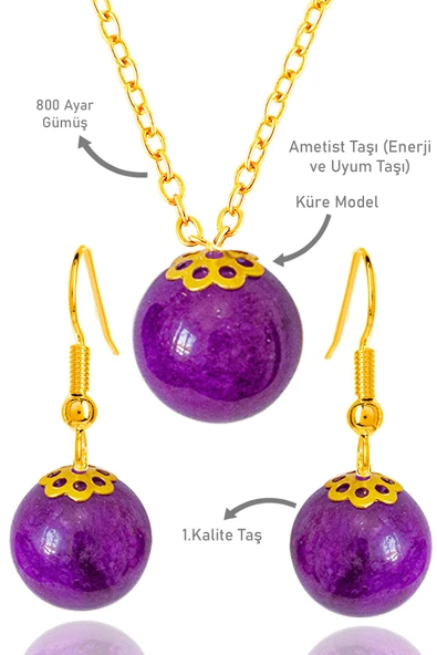 Sertifikalı Gold Küre Model Mor Akik Taşı Kolye ve Küpe Seti - Gümüş Aparatlı ürün görseli 1