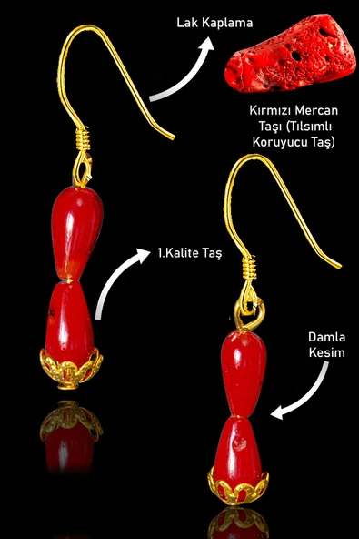 Sertifikalı 24k Altın Kaplama Damla Model Gerçek Kırmızı Mercan Taşı Küpe ürün görseli 1