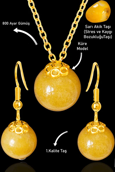 Sertifikalı Küre Model Turuncu Akik Taşı Kolye ve Küpe Seti - Gümüş Aparatlı ürün görseli 1