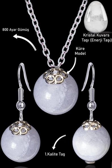 Sertifikalı Küre Model Kristal Kuvars Taşı Kolye ve Küpe Seti - Gümüş Aparatlı ürün görseli 1
