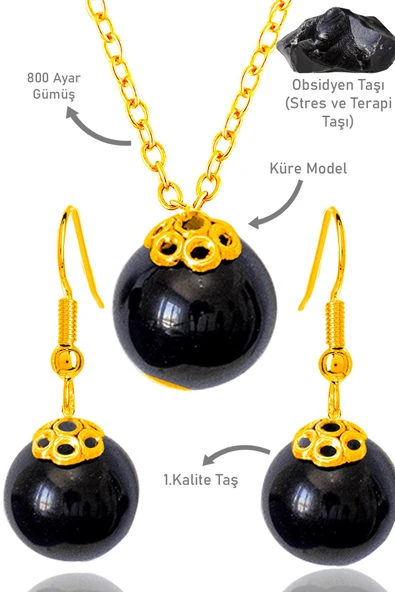 Sertifikalı Gold Küre Model Siyah Obsidyen Taşı Kolye ve Küpe Seti - Gümüş Aparatlı-min ürün görseli 1