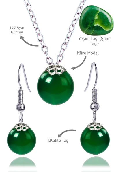 Sertifikalı Küre Model Yeşim Taşı Kolye ve Küpe Seti - Gümüş Aparatlı ürün görseli 1