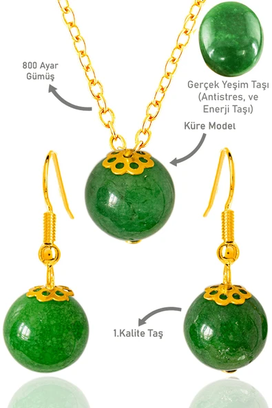 Sertifikalı Gold Küre Model Yeşim Taşı Kolye ve Küpe Seti - Gümüş Aparatlı ürün görseli 1
