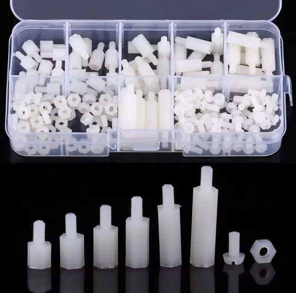 180 Adet M3 Plastik Distans Vida Somun Seti Beyaz Aralıyıcı Stand off 8 Çeşit Şeffaf Çantada ürün görseli 1