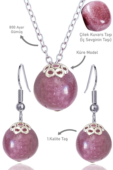 Sertifikalı Küre Model Çilek Kuvars Taşı Kolye ve Küpe Seti - Gümüş Aparatlı ürün görseli 1