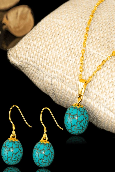 Sertifikalı Orijinal Gold Küre Model Firuze Taşı Kolye ve Küpe Seti (Turkuaz Taşı) ürün görseli 1