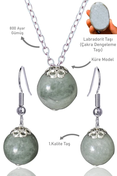Sertifikalı Küre Model Labradorit Taşı Kolye ve Küpe Seti - Gümüş Aparatlı ürün görseli 1
