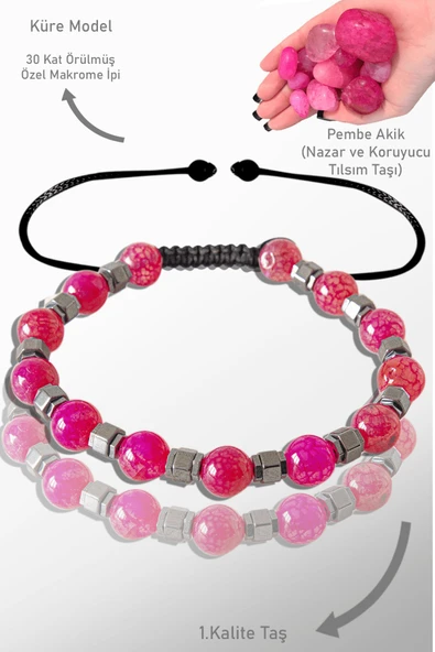 Sertifikalı Gerçek Hematit - Pembe Akik Taşı Bileklik - Ayarlamalı ürün görseli 1