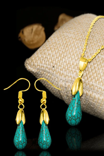 Sertifikalı Gold Damla Kesim Firuze - Turkuaz Taşı Kolye ve Küpe Seti ürün görseli 1