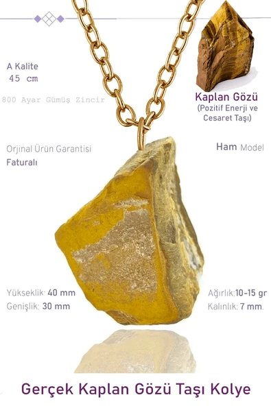 Sertifikalı Ham İşlenmemiş Kaplan Gözü Taşı Kolye - 24k Altın Kaplama ürün görseli 1