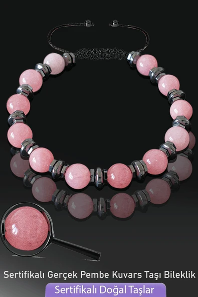 Sertifikalı Gerçek Pembe Kuvars Taşı Bileklik - Ayarlamalı ürün görseli 1