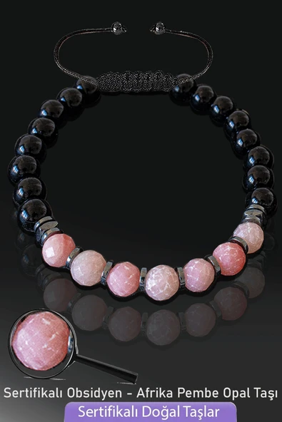 Sertifikalı Doğal Obsidyen - Afrika Pembe Opal Taşı Bileklik - Ayarlamalı ürün görseli 1
