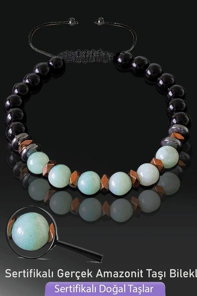 Sertifikalı Doğal Obsidyen - Amazonit Taşı Bileklik - Ayarlamalı ürün görseli 1