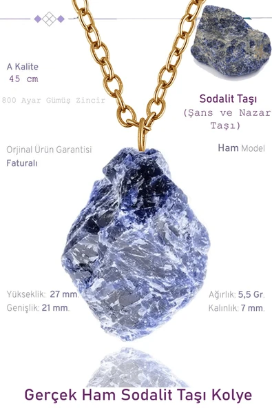 Sertifikalı Ham İşlenmemiş Sodalit Taşı Kolye - 24k Altın Kaplama ürün görseli 1
