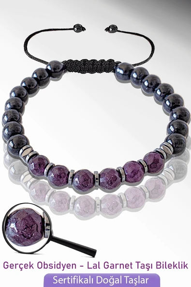 Sertifikalı Doğal Obsidyen - Lal Garnet Granat Taşı Bileklik - Ayarlamalı ürün görseli 1