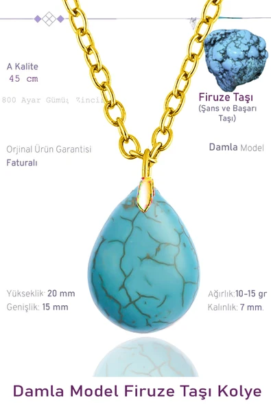 Sertifikalı Damla Model Gerçek Firuze Taşı Kolye - 24k Altın Kaplama ürün görseli 1