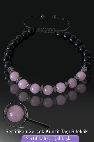 Sertifikalı Doğal Obsidyen - Kunzit Taşı Bileklik - Ayarlamalı ürün görseli 1
