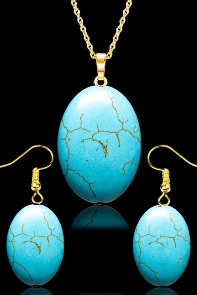 Sertifikalı Oval Model Firuze Taşı Kolye ve Küpe Seti - 24k Altın Kaplama ürün görseli 1