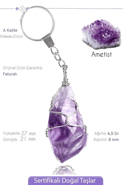 Sertifikalı Ham İşlenmemiş AAA+ Ametist Taşı Anahtarlık - Tel Sargılı ürün görseli 1