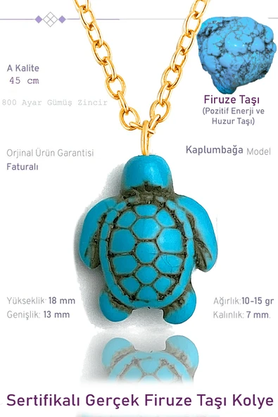 Sertifikalı Gold Kaplumbağa Model Gerçek Firuze Taşı Kolye - Mini Boy ürün görseli 1
