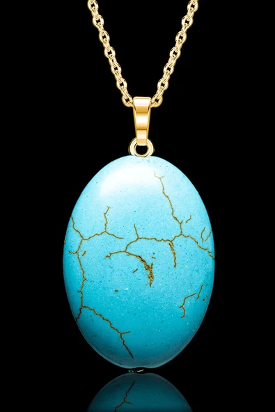 Sertifikalı Gold Oval Model Firuze Taşı Kolye (Turkuaz Taşı) ürün görseli 1