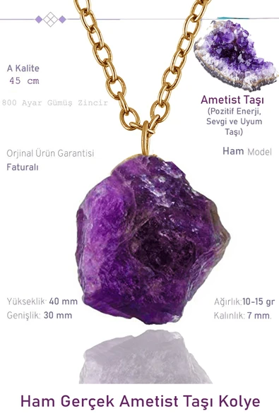 Sertifikalı Orijinal Ham İşlenmemiş Ametist  Taşı Kolye - 24k Altın Kaplama ürün görseli 1
