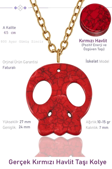 Sertifikalı İskelet Model Kırmızı Havlit Taşı Kolye - 24k Altın Kaplama ürün görseli 1