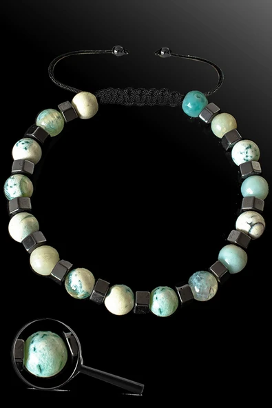 Sertifikalı Silver Hematitli 6 Mm Yeşil - Beyaz Akik Taşı Bileklik - Tibet Akiği ürün görseli 1