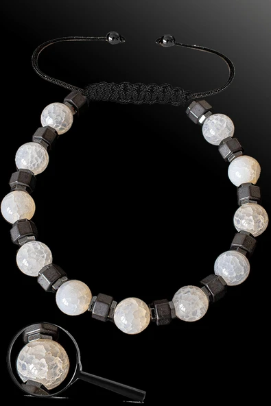 Sertifikalı Silver Hematitli 8 Mm Doğal Beyaz Akik Taşı Bileklik ürün görseli 1