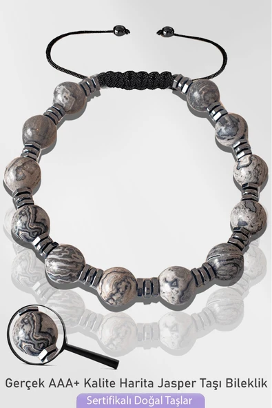 Sertifikalı Silver Hematitli Doğal Gri Harita Jasper Taşı Bileklik - Ayarlamalı ürün görseli 1