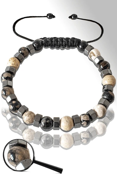 Sertifikalı Silver Hematitli 6 Mm Siyah - Beyaz Akik Taşı Bileklik - Tibet Akiği ürün görseli 1