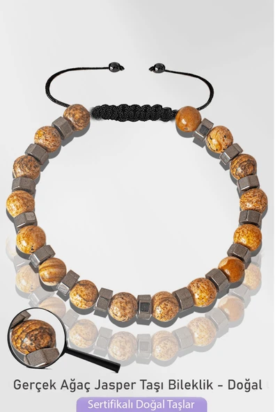 Sertifikalı Silver Hematitli Toprak Ağaç Kahverengi Jasper Taşı Bileklik - Ayarlamalı ürün görseli 1