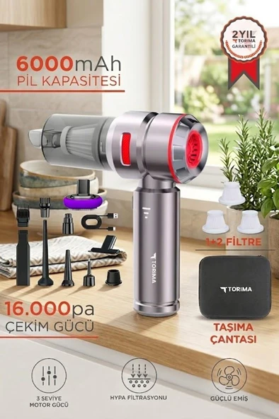 Araç İçi Süpürge 4IN1 17000PA Emiş Güçlü Üflemeli Şarjlı Mini Araba El Süpürgesi HL121 Kırmızı ürün görseli 1