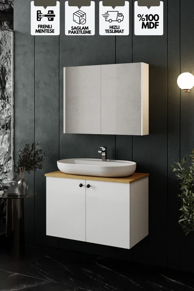 Karen Banyo LİVA 80 Cm Tezgahlı, Aynalı Banyo Dolabı Seti, Seramik Lavabo Dahil, Beyaz, Mdf ürün görseli 1