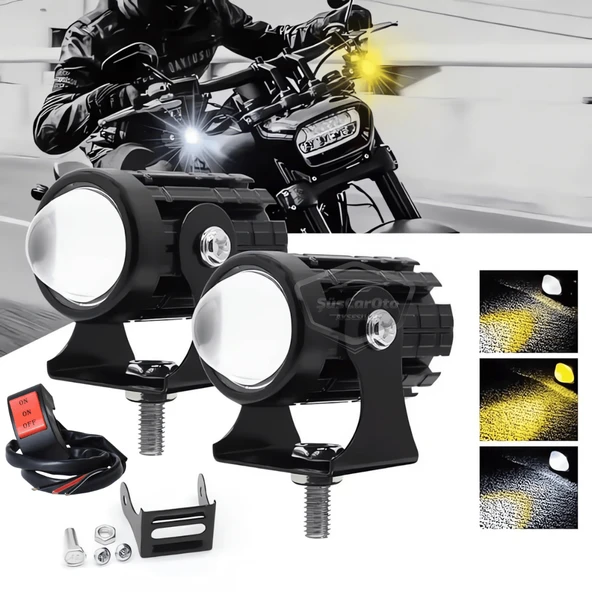 Motosiklet Mini Sis Farı Çift Renk Sarı-Beyaz Aç Kapa Düğmeli Scooter Araç Off Road Led Lamba 8V-80V Projektör Metal Kasa Arazi Çalışma Lambası 2 Adet Set ürün görseli 1