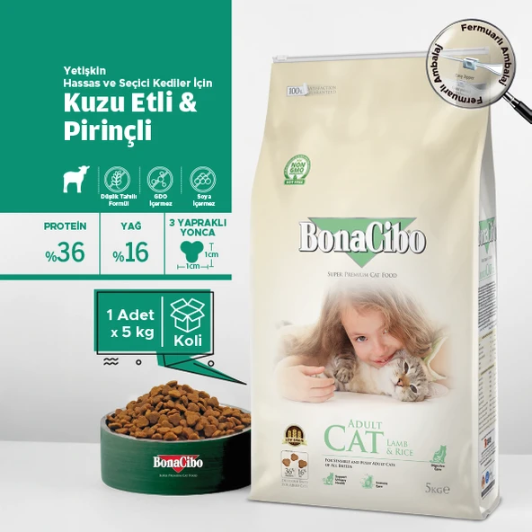 BonaCibo Adult Cat Lamb & Rice Kuzu Etli ve Pirinçli Yetişkin Kedi Maması 5 Kg ürün görseli 1