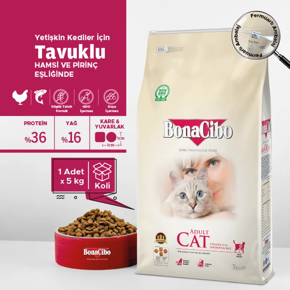 BonaCibo Adult Cat Tavuklu, Hamsili ve Pirinçli Yetişkin Kedi Maması 5 Kg ürün görseli 1