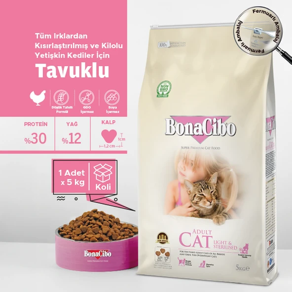 BonaCibo Adult Cat Light & Sterilised Tavuklu Kısırlaştırılmış Yetişkin Kedi Maması 5 Kg ürün görseli 1