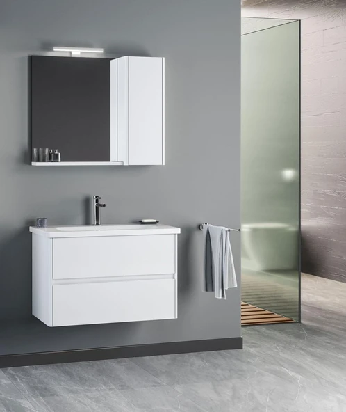 Orka Düden 80 cm MDF Çekmeceli Beyaz Banyo Dolabı Takımı ürün görseli 1
